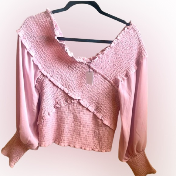 BB Dakota by Steve Madden Blush Pink Smocked Puff Sleeve Top L NWT Romantic Boho - Picture 5 of 11